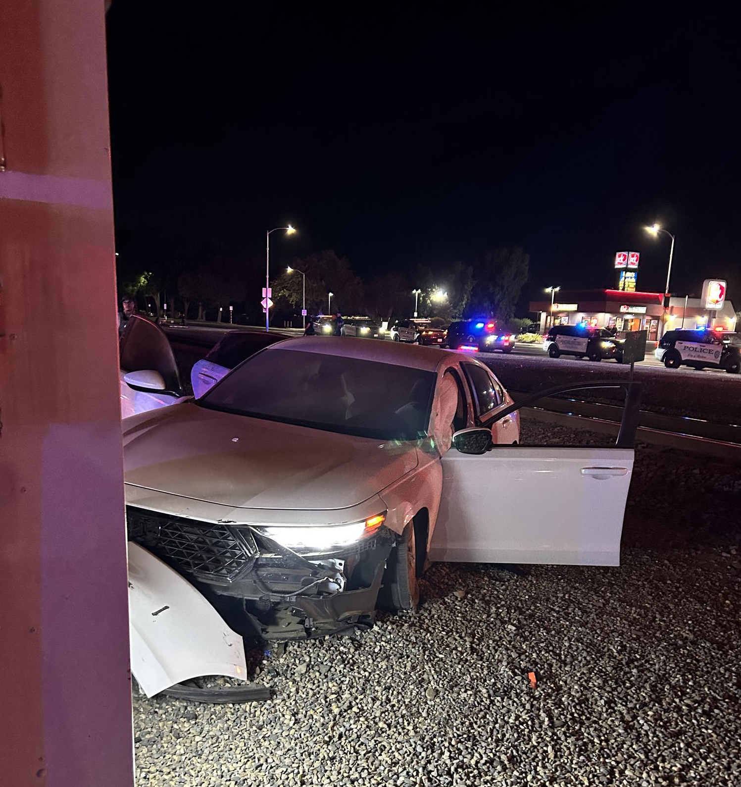 Car collision with railroad electrical box in Madera